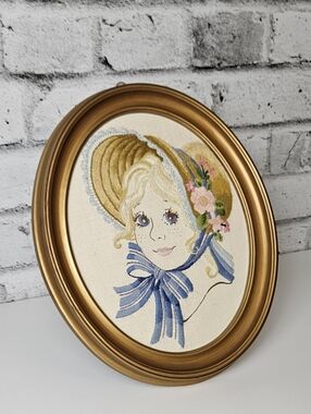 Vintage Framed Needlepoint Girl Portrait 12x10 Wall Art